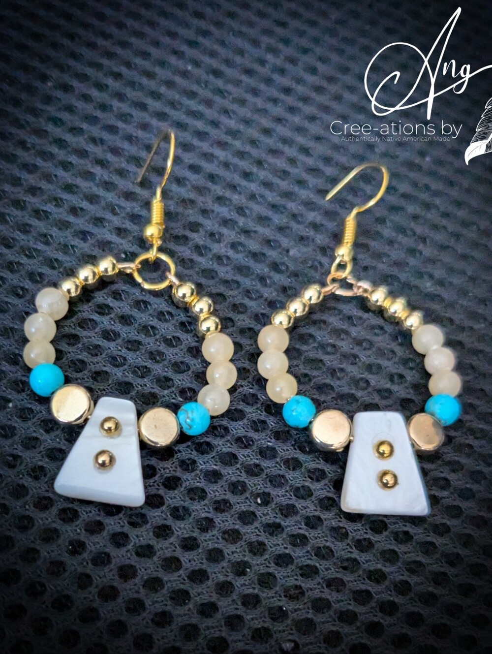 White Turquoise & Gold Hoop Drop Earrings